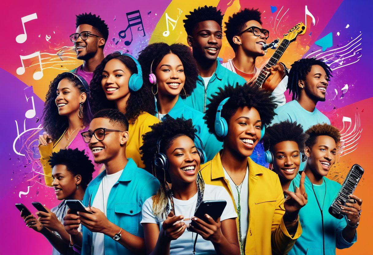 A dynamic collage featuring diverse musicians joyfully sharing videos on social media platforms, surrounded by colorful sound waves and musical notes floating around. Include engaging visuals of smartphones and varied music genres represented through vibrant icons. The background should have an upbeat and lively atmosphere, symbolizing the essence of music discovery. Futuristic and energetic style, vibrant colors.