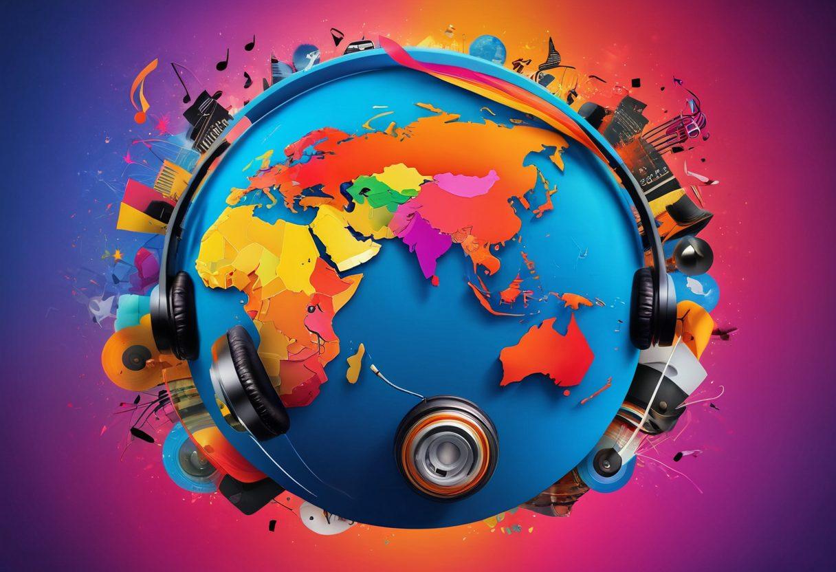 A colorful collage showcasing diverse music genres, with headphones intertwined around a globe symbolizing global music discovery. Add streaming icons and video thumbnails to represent sharing and success in music. Create a lively atmosphere with musical notes flowing throughout. A modern, energetic style with vibrant colors and a dynamic background.