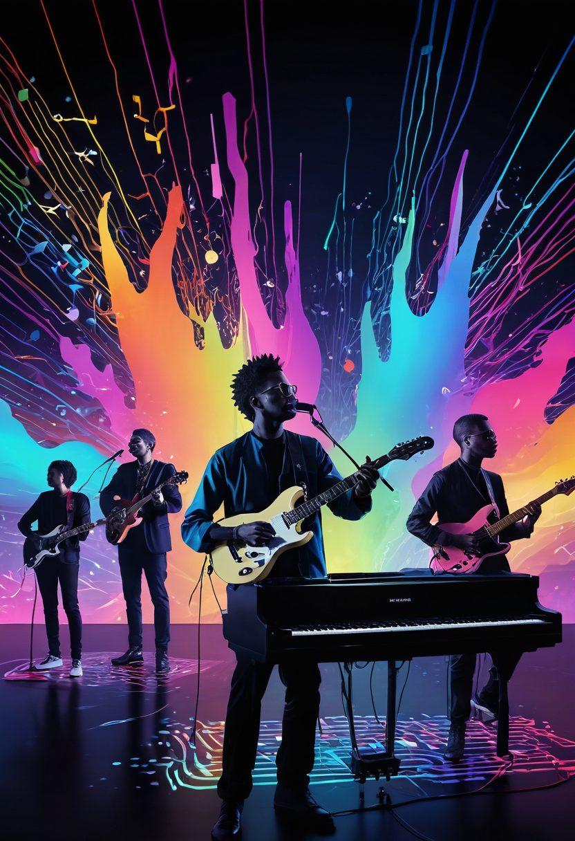 A vibrant digital landscape featuring a diverse group of independent musicians manipulating sound waves with futuristic interfaces. The scene is set against a backdrop of flowing musical notes and digital visuals representing various music genres. Include elements like microphones, instruments, and social media icons to symbolize connectivity. The mood should be energetic and inspiring, capturing the essence of creative freedom in the music industry. super-realistic. vibrant colors. 3D.